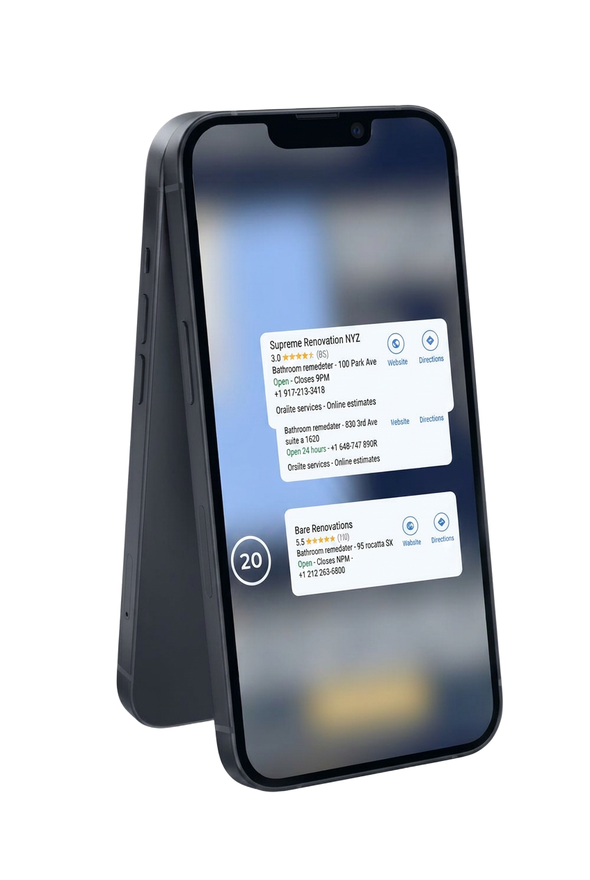 Phone showing Google Maps local search results for renovation companies